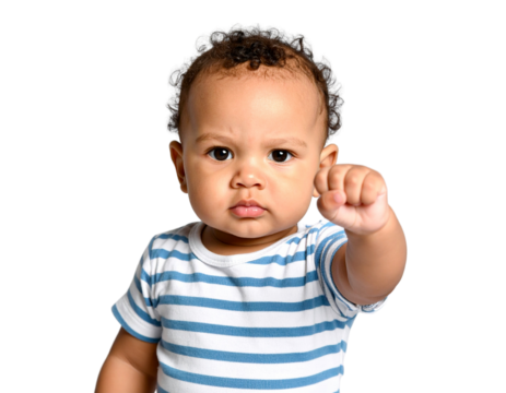  _Baby hold up his fist determined to work hard! funny shot in png transparent backgrou - Powered by Adobe
