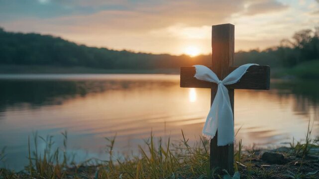 Cross by lake at sunset with reflection and silhouette of trees, symbolizing hope and peace.