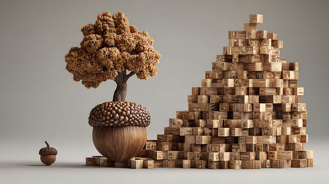 Abstract Tree Growing from Acorn with Wooden Block Tower, Growth and Development Concept