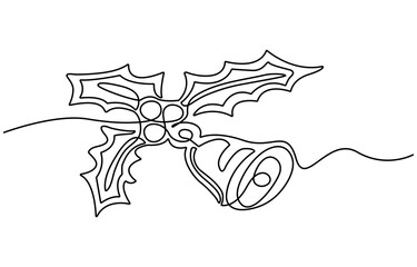 Continuous line drawing christmas holly berry and greeting merry christmas handwriting, Concept of Christmas. Holiday, New year.
 Vector design illustration on white background.