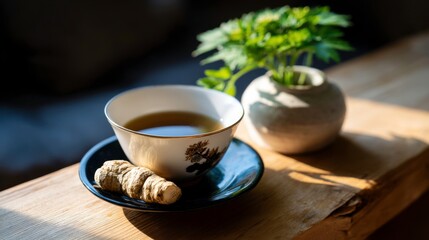 Fototapeta premium Tea brewing with ginger root cozy kitchen space food photography natural lighting serene atmosphere wellness concept