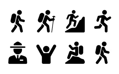 Set of Eight Black Silhouette Icons Featuring Hikers and Outdoor Activities for Versatile Use