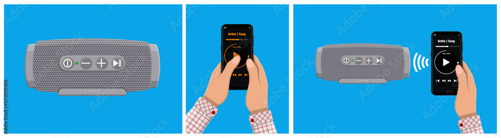 Poster portable wireless speaker with control buttons. man using smartphone to play music. bluetooth audio 