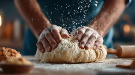 Skilled hands expertly knead fresh dough dusted with flour, creating culinary magic in a cozy kitchen setting, perfect for baking inspiration. Ai Generated Images