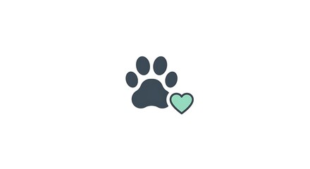 A stylized dark blue paw print with a light green heart icon on a white background.