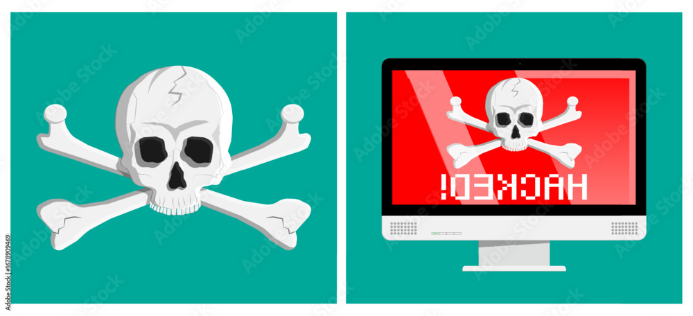 Poster skull and crossbones sign. computer desktop monitor with hacked text and danger virus. cyber crime, 