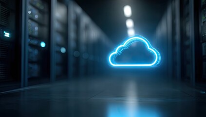 Glowing Blue Neon Cloud Icon in a Modern Data Center Server Room.