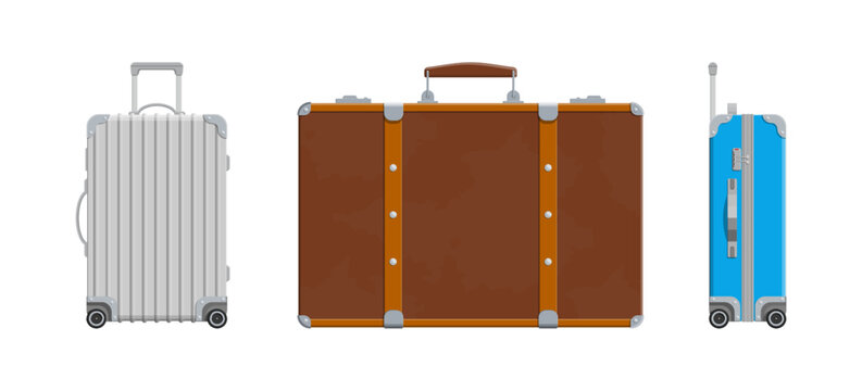 Set of three different luggage types. Travel bags collection including modern wheeled suitcase and vintage trunk. Flat style vector for journey planning.
