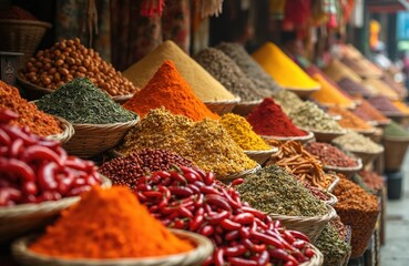 Piles of vibrant spices, herbs in wicker baskets at noisy market stall. Variety of colourful ingredients including red chilies, green herbs, yellow powders showcase rich textures, aromas, suggesting