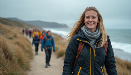 Woman leads hiking group on a coastal path beside windswept beach with ocean waves. People walking explore the coastline for adventure, fitness, and nature exploration.