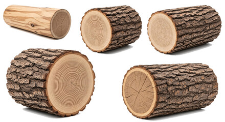 Collection of five realistic wooden logs with rough bark and smooth cut ends isolated on transparent background for natural material design