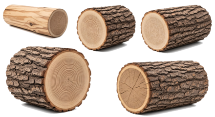 Collection of five realistic wooden logs with rough bark and smooth cut ends isolated on transparent background for natural material design