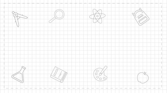 Hand drawn back to school supplies icon on a paper grid background template.