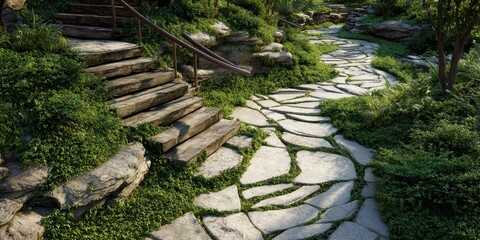 Flagstone Path Leading to Peacefulness: Meandering Walkway and Staircase in Outdoor Patio Setting