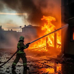 Naklejka premium Firefighter battling blaze in urban setting, intense fire, rescue operation.