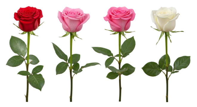 Four beautiful single stem roses in red pink and white colors arranged in a row isolated on transparent background