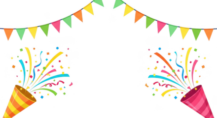 Colorful party poppers and bunting isolated on transparent background
