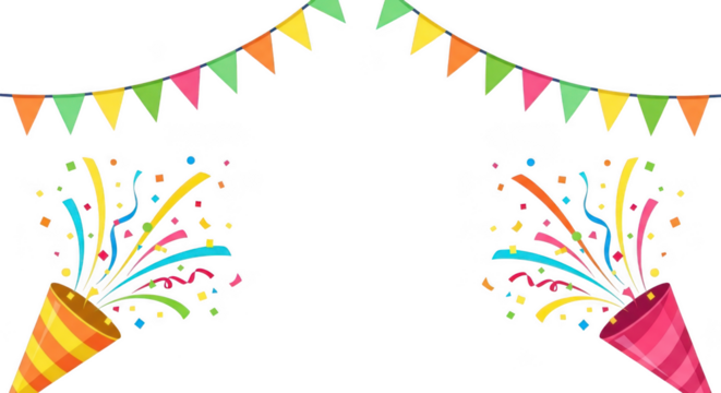Colorful party poppers and bunting isolated on transparent background