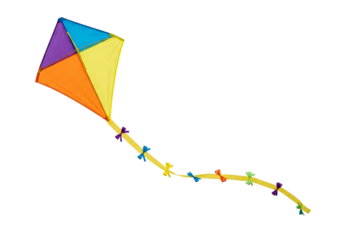 Colorful diamond shaped kite with a long tail decorated with small stars flying gracefully isolated on transparent background