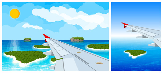 Airplane wing view illustration. Aircraft flying above tropical islands. Flat lay vacation travel and summer holiday concept.