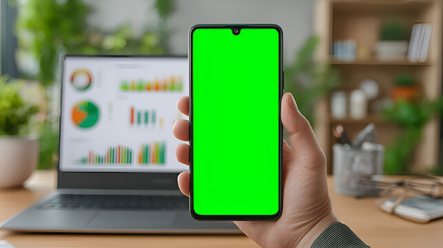 Person holding smartphone with green screen near laptop displaying financial charts, perfect for data analysis and business presentations. Ai Generated Images - Powered by Adobe