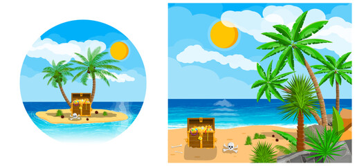 Obraz premium Palm tree island with treasure chest and skull. Pirate adventure on tropical beach. Vacation travel for summer holiday.