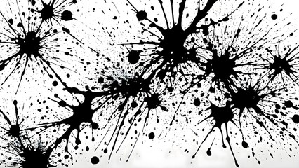 Black and white artistic painting showing a collection of irregular paint splats scattered across a bright surface with abstract grunge composition