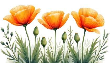 Fototapeta premium Watercolor illustration of vibrant orange california poppies, green buds on clean white background. Delicate green leaves, stems surround flowers. Floral art nature beauty, perfect for summer spring