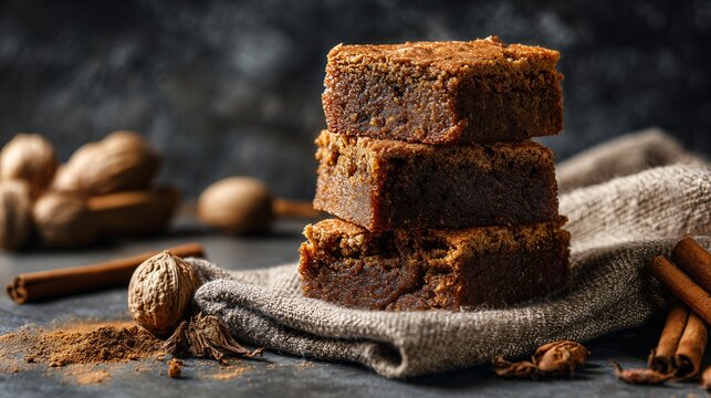 A brown butter blondies stacked on marble, cozy fall napkin, dark charcoal backdrop, cinnamon sticks and nutmeg pods nearby