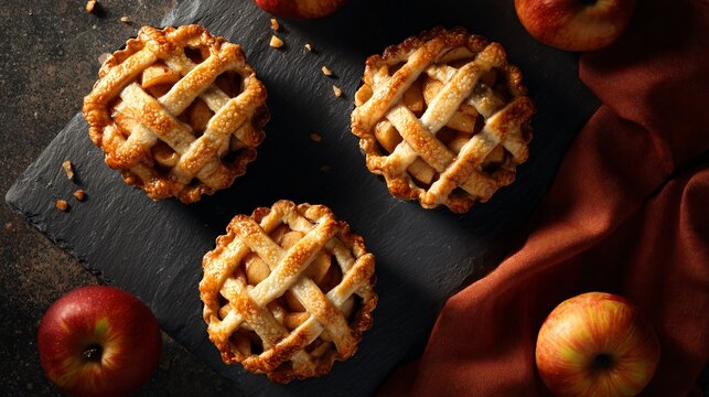 A caramel apple mini pies with lattice tops, overhead shot on slate with burnt orange napkin, moody shadows - Powered by Adobe