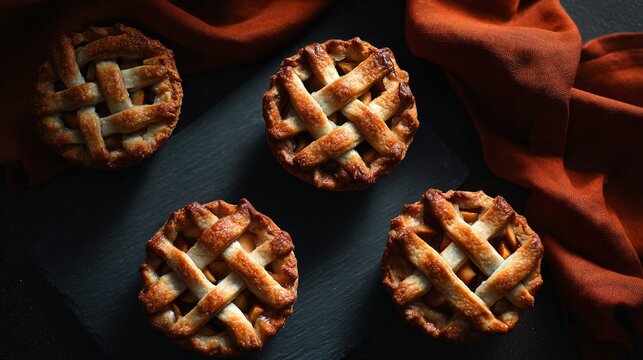 A caramel apple mini pies with lattice tops, overhead shot on slate with burnt orange napkin, moody shadows
