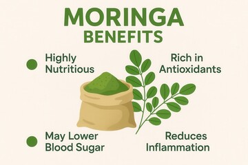 Illustration showing moringa with health benefits including nutrients.