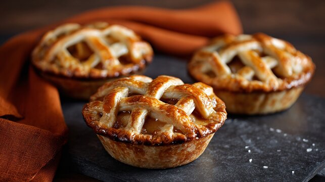 A caramel apple mini pies with lattice tops, overhead shot on slate with burnt orange napkin, moody shadows