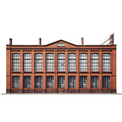  vintage brick factory building with smokestacks, isolated on a white background,