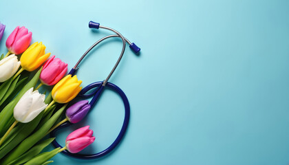 Colorful tulips, stethoscope symbolize National Nurses Day. Appreciation for healthcare professionals, celebrating nurses dedication, care. Festive composition for medical holidays, awareness