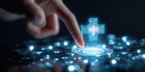 Hand touching glowing digital medical cross, representing healthcare technology and innovation.