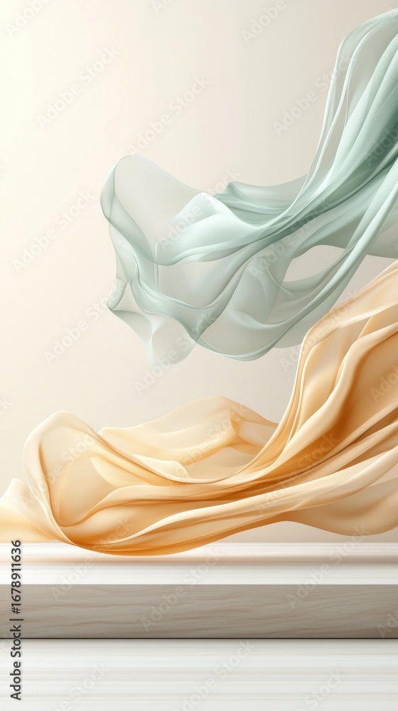 Poster ethereal flowing fabric on minimal podium display podium display minimal ethereal flowing fabric she