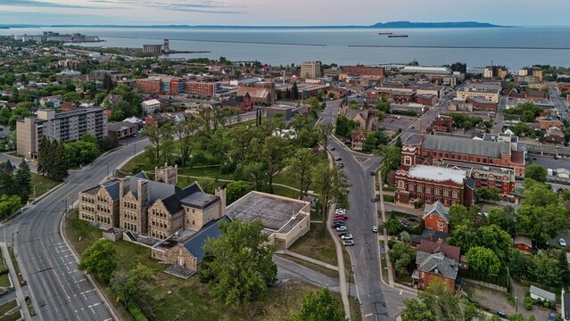 Aerial view of Thunder Bay with historic buildings and Lake Superior.
