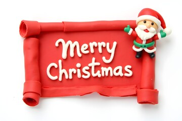 Christmas sale tags made of plasticine. Red scroll and christmas isolated banner with santa hat figure. Handmade merry christmas label with plasticine