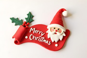 Christmas sale tags made of plasticine. Red scroll and christmas isolated banner with santa hat figure. Handmade merry christmas label with plasticine