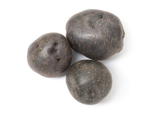 Fresh purple potatoes isolated on white, top view