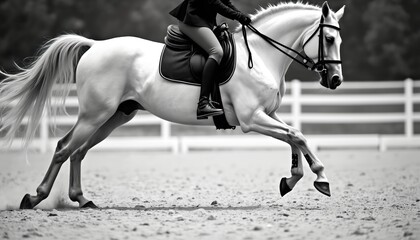 Black, white image of rider on white horse in motion, possibly during equestrian jumping competition. Horse captured mid-stride with tail flowing. Suitable for banners headers, shot offers ample copy