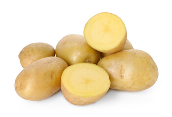 Many fresh ripe potatoes isolated on white