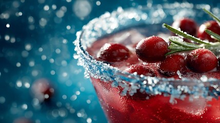 A refreshing cocktail garnished with cranberries and rosemary, set against a vibrant blue backdrop, perfect for festive celebrations.