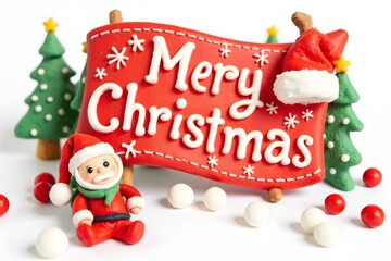 Christmas sale tags made of plasticine. Red scroll and christmas isolated banner with santa hat figure. Handmade merry christmas label with plasticine