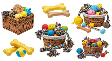 Collection of various colorful dog toys including squeaky balls ropes and bone shaped chews in woven baskets isolated on transparent background