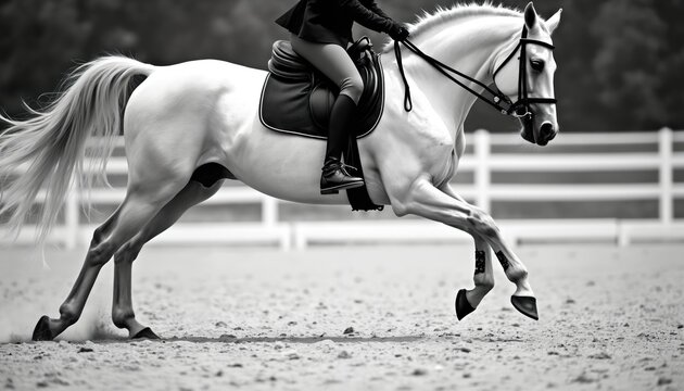 Black, white image of rider on white horse in motion, possibly during equestrian jumping competition. Horse captured mid-stride with tail flowing. Suitable for banners headers, shot offers ample copy