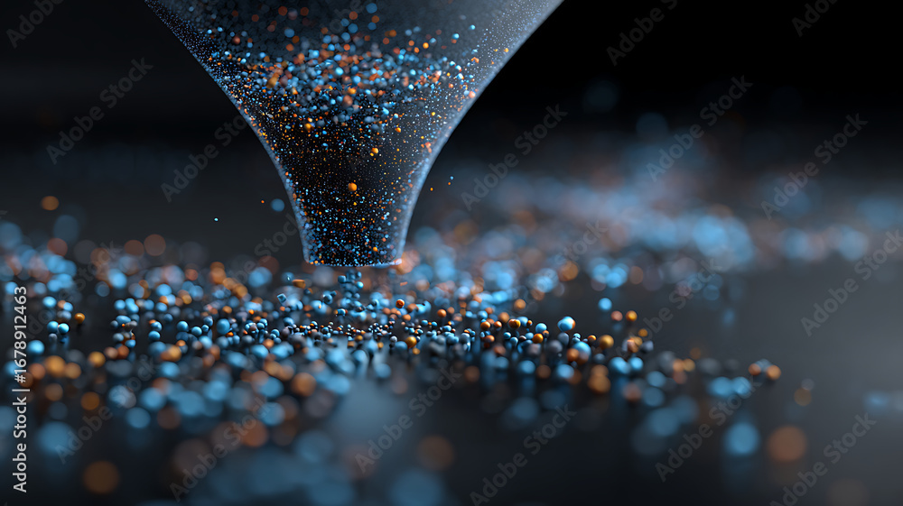 Poster atom funnel: a stream of blue and orange particles flowing into a converging point.