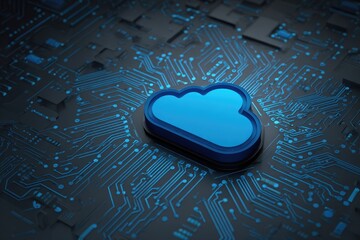 Futuristic Cloud Computing Symbol on a Glowing Digital Circuit Board.