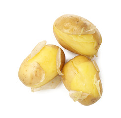 Tasty young boiled potatoes isolated on white, top view